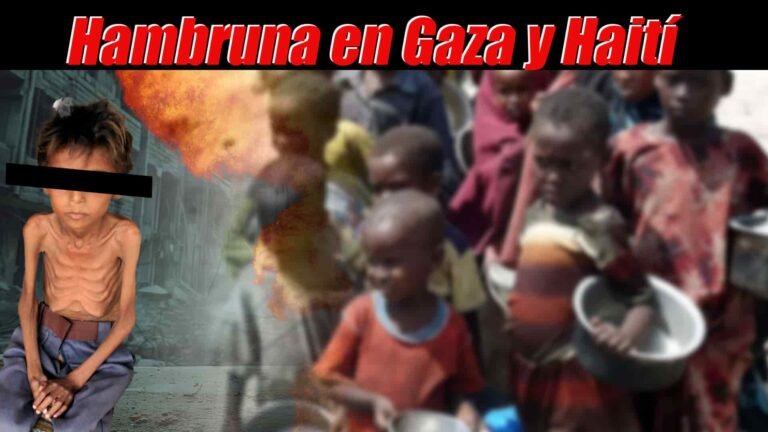 Niño desnutrido a la izquierda, niños haitianos pidiendo comida a la derecha, con una ciudad en ruinas de fondo fusionada con los niños; encabezado que dice 'Hambruna en Gaza y Haití'.