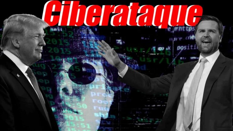 Hacker con códigos de fondo, la palabra 'ciberataque', con Trump a la izquierda y Vance a la derecha.