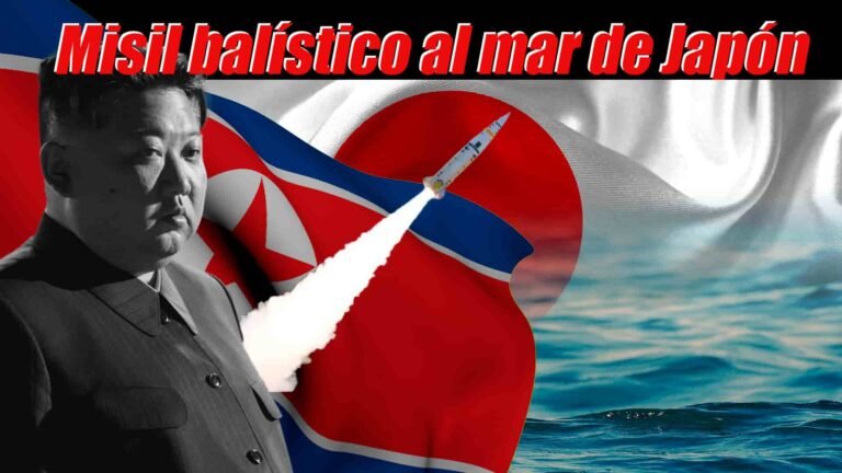 Kim Jong-un a la izquierda, detrás la bandera de Corea del Norte y un misil en despegue; a la derecha el mar y la bandera de Japón; encabezado que dice 'Misil Balístico al mar de Japón'.