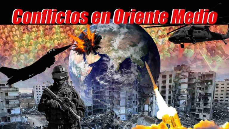 Collage con un soldado y un avión a la izquierda, planeta Tierra con explosión en Medio Oriente en el centro, misil y helicóptero de combate a la derecha, edificios destruidos y un gran ejército de fondo, encabezado que dice 'Conflictos en Oriente Medio'.