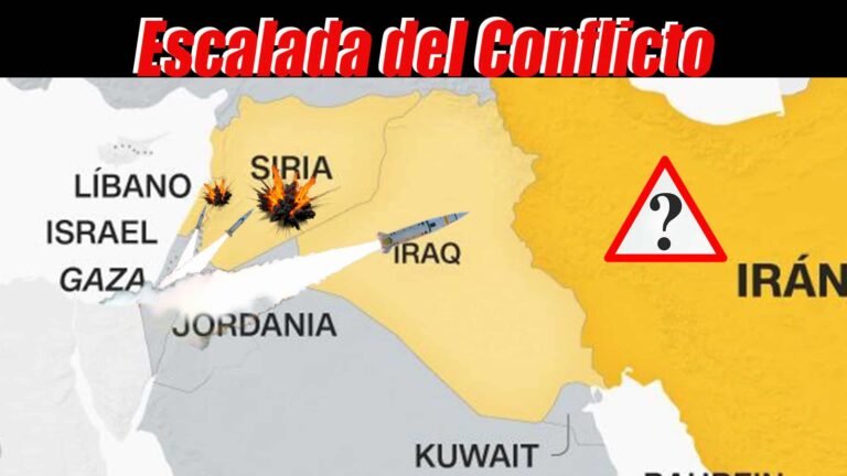 Mapa del Medio Oriente mostrando a Israel lanzando misiles hacia Líbano, Siria, e Irán con un signo de interrogación sobre Irán; encabezado que dice 'Escalada de conflicto'.