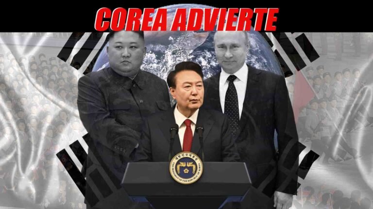 Presidente de Corea del Sur en el centro, presidente de Rusia y presidente de Corea del Norte detrás, con planeta Tierra, gran ejército y bandera de Corea del Sur de fondo; encabezado que dice 'COREA ADVIERTE'.