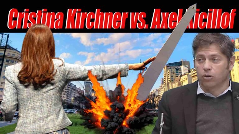 Cristina Kirchner empuja el Obelisco de Buenos Aires hacia Axel Kicillof, con una explosión en la base del obelisco y la ciudad de fondo, texto superior que dice 'Cristina Kirchner vs Axel Kicillof'.