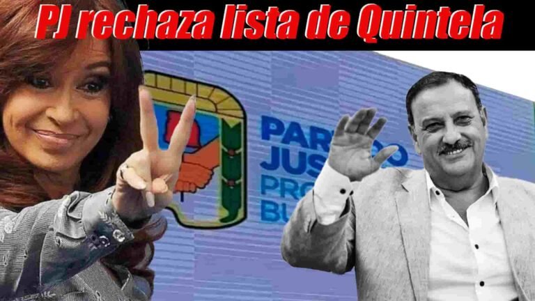 Cristina Kirchner a la izquierda y Quintela a la derecha en blanco y negro, fondo con cartel del Partido Justicialista y encabezado que dice 'PJ rechaza lista de Quintela