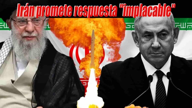 El líder iraní Ali Jamenei a la izquierda y Benjamin Netanyahu a la derecha, con un cohete despegando en el centro y fuego; bandera iraní de fondo y encabezado que dice 'Irán promete respuesta implacable'.