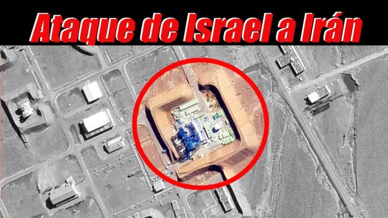 Imagen satelital que muestra la posible destrucción de una parte de la base de la Guardia Revolucionaria paramilitar en Irán tras ataques israelíes, con un círculo rojo identificando la parte destruida; encabezado que dice 'Ataque de Israel a Irán'.