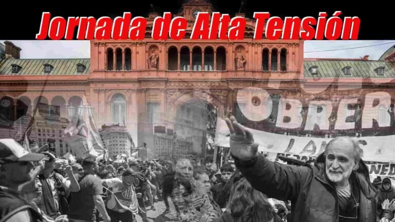 Protestas de piqueteros en la parte inferior, Casa Rosada en la parte superior; encabezado que dice 'Jornada de alta tensión'.