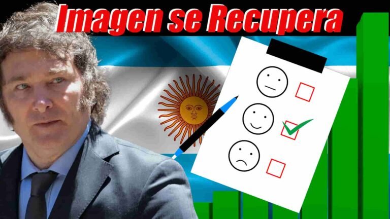 Milei a la izquierda mirando encuestas positivas, gráfico en subida, bandera de Argentina de fondo y encabezado que dice 'Imagen se recupera'.