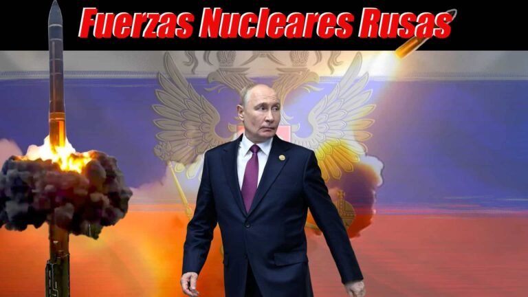 Misil en lanzamiento a la izquierda, Vladimir Putin en el centro mirando a la derecha, otro misil en vuelo detrás, bandera de Rusia de fondo; encabezado que dice 'Fuerzas nucleares rusas'.