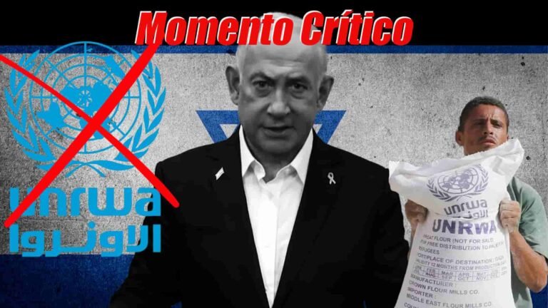 Logo de la ONU a la izquierda tachado con una equis roja, Netanyahu en blanco y negro en el centro, refugiado con saco de alimentos a la derecha, bandera de Israel de fondo; encabezado que dice 'Momento Crítico'.