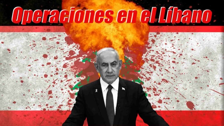 Netanyahu en el centro, bandera de Líbano en blanco y negro detrás con explosión y manchas de sangre; encabezado que dice 'Operaciones en el Líbano'.