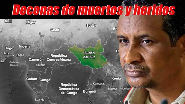 Mapa con Sudán del Sur, foto del comandante de las RSF Mohamed Hamdane Daglo a la derecha, y título en la parte superior que dice 'Decenas de muertos y heridos'.