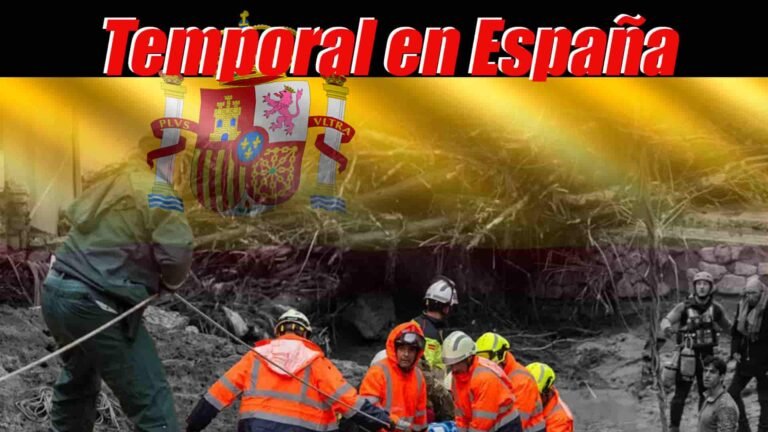 Bomberos rescatando a personas tras paso de temporal, bandera de España en la parte superior; encabezado que dice 'Temporal en España'