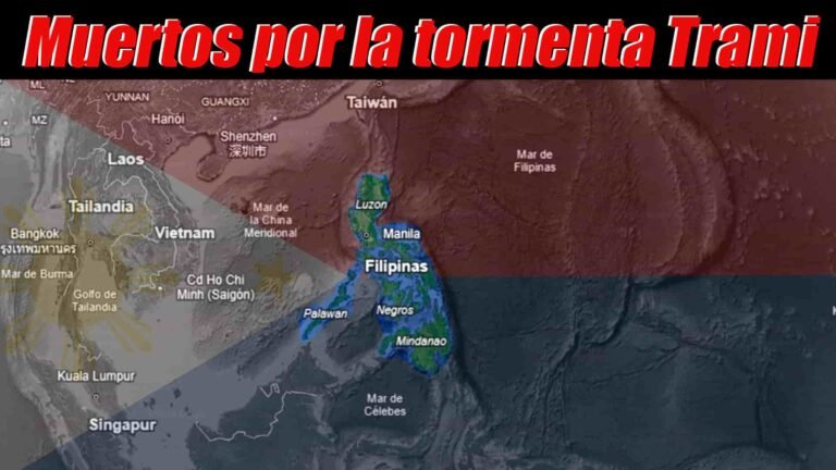 Mapamundi centrado en Filipinas, con la bandera de Filipinas y texto de encabezado que dice 'Muertos por la tormenta Trami