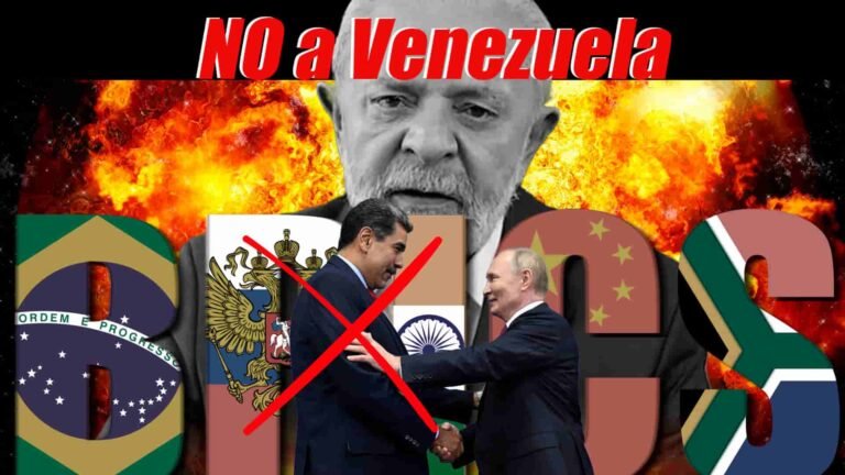 Maduro y Putin en el centro, palabra BRICS detrás, Lula al fondo mirando y una bola de fuego, encabezado que dice 'NO a Venezuela'.