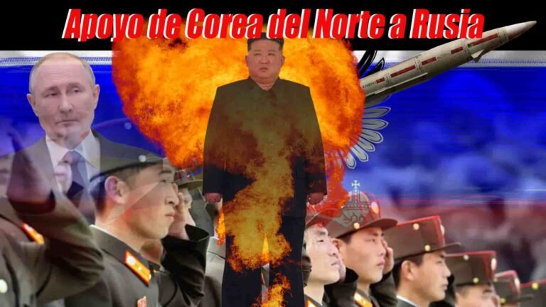 Vladimir Putin a la izquierda, Kim Jong-un en el centro envuelto en una explosión, un ejército de Corea del Norte debajo y un misil balístico al fondo con la bandera rusa; encabezado que dice 'Apoyo de Corea del Norte a Rusia'.