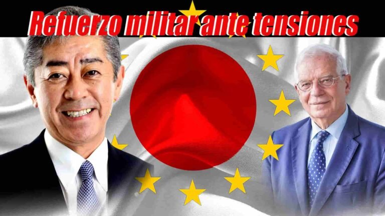 Takeshi Iwaya a la izquierda y Josep Borrell a la derecha, con la bandera de Japón y las estrellas de la Unión Europea de fondo; encabezado dice 'Refuerzo militar ante tensiones'.