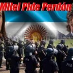 Policía Federal en la parte inferior, arriba a la izquierda Victoria Villarruel, a la derecha Javier Milei; de fondo la bandera argentina, encabezado dice 'Milei pide perdón'