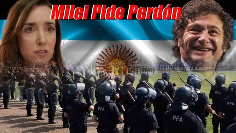 Policía Federal en la parte inferior, arriba a la izquierda Victoria Villarruel, a la derecha Javier Milei; de fondo la bandera argentina, encabezado dice 'Milei pide perdón'