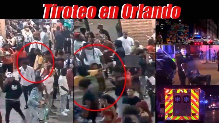 Asesino señalado con un círculo rojo a la izquierda, en el centro el mismo disparando; en la parte superior derecha una patrulla policial, debajo un médico trasladando a una persona y una ambulancia, con el encabezado 'Tiroteo en Orlando'.