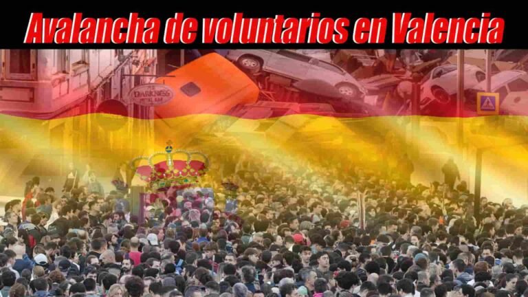 Multitud de voluntarios en el centro de la imagen, con la bandera española difuminada al fondo; en la parte superior, se pueden ver autos volcados; encabezado dice 'Avalancha de voluntarios en Valencia'.