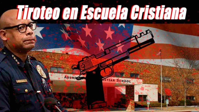 a la izquierda, jefe de policía, al centro pistola 9mm , de fondo escuela cristiana, detrás bandera de estados unidos y mancha de sangre en toda la imagen, titulo tiroteo en escuela cristiana