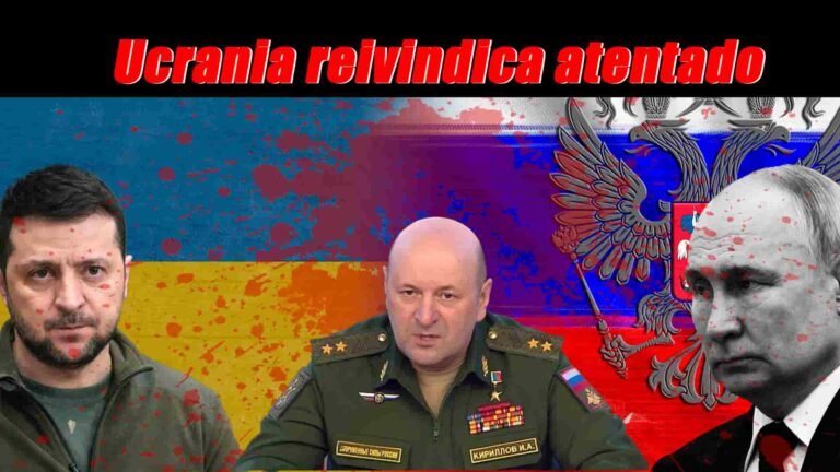 el general ruso Igor Kirilov al centro, a la izquierda Volodímir Zelenski, a la derecha Putin,al fondo la bandera de ucrania y Rusia fusionadas con manchas de sangre, encabezado dice, Ucrania reivindica atentado