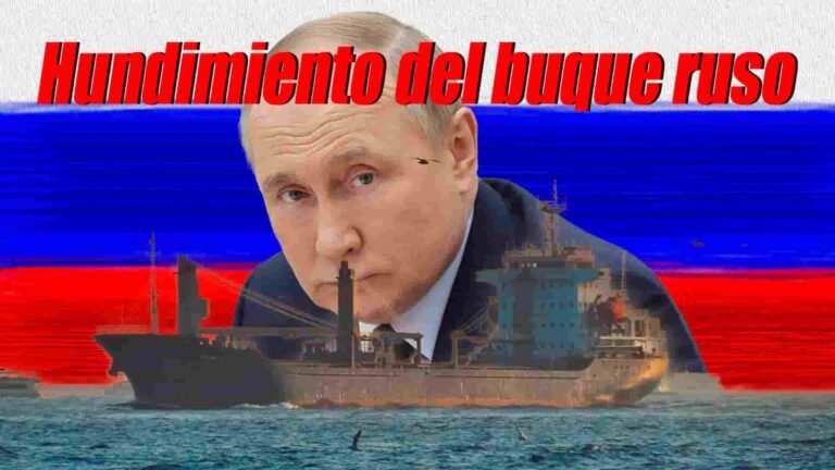 buque Ruso en el centro, Putin detrás y de fondo bandera rusa, encabezado dice Hundimiento de Buque Ruso