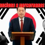 presidente de corea del sur al centro, a la izquierda presidente de norcorea, a la derecha presidente de Rusia, de fondo la bandera de corea del sur y encabezado dice: Seúl sanciona a norcoreanos y rusos