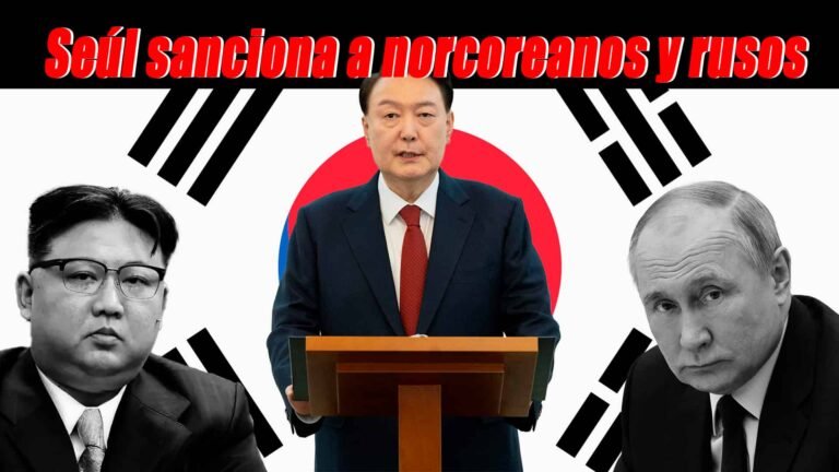 presidente de corea del sur al centro, a la izquierda presidente de norcorea, a la derecha presidente de Rusia, de fondo la bandera de corea del sur y encabezado dice: Seúl sanciona a norcoreanos y rusos