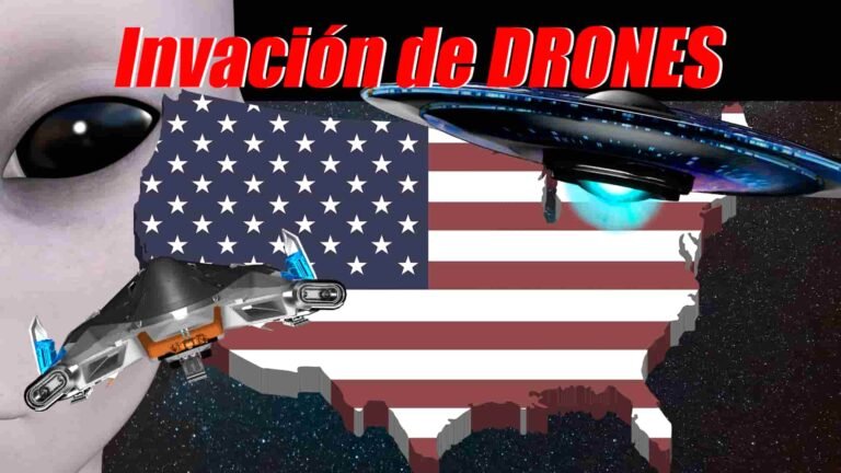 A la izquierda un extraterrestre y un Drone, al centro estados unidos, a la derecha un Ovni, de fondo el espacio, titulo dice: INVACIÓN DE DRONES