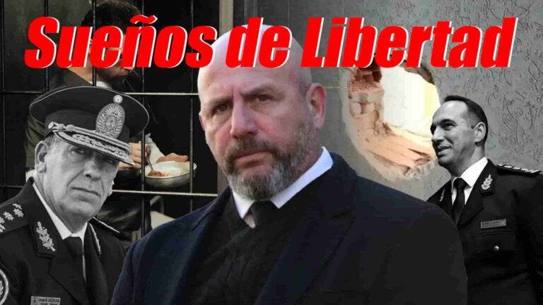 Waldo Wolff en el centro, a los lados los jefe y subjefe de la policía , titulo dice, Sueños de Libertad