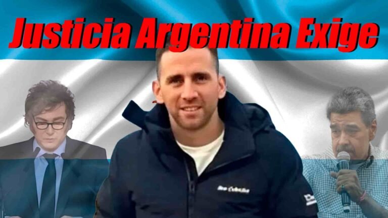 Nahuel Gallo en el centro, Milei a la izquierda, maduro a la derecha y la bandera argentina detrás titulo dice, Justicia Argentina Exige