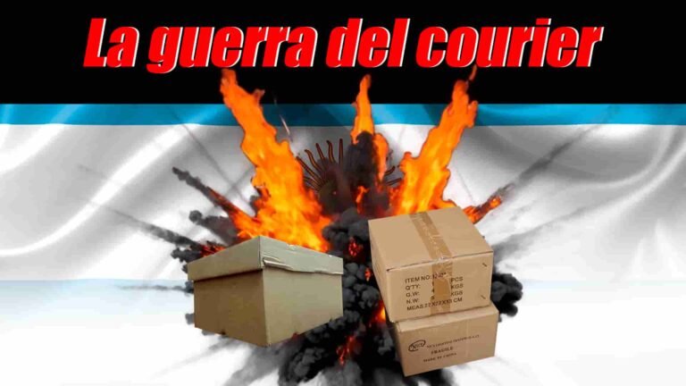 cajas en el centro, detrás una explosión, la bandera argentina en el fondo tenue, titulo dice, la guerra del courier