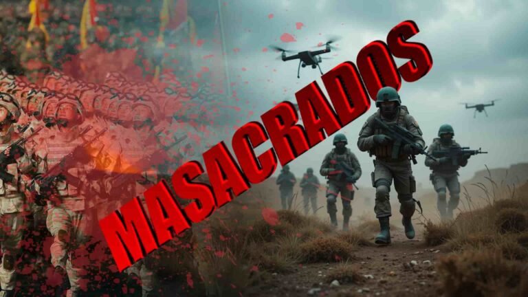 Del lado derecho tropas ucranianas con drones, del lado izquierdo tropas norcoreanas manchadas de sangre, y titulo cruzado dice, Masacrados