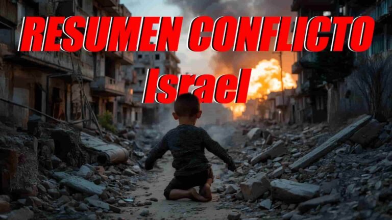 Niño Arrodillado en medio de una ciudad destruida, titulo, resumen conflicto Israel