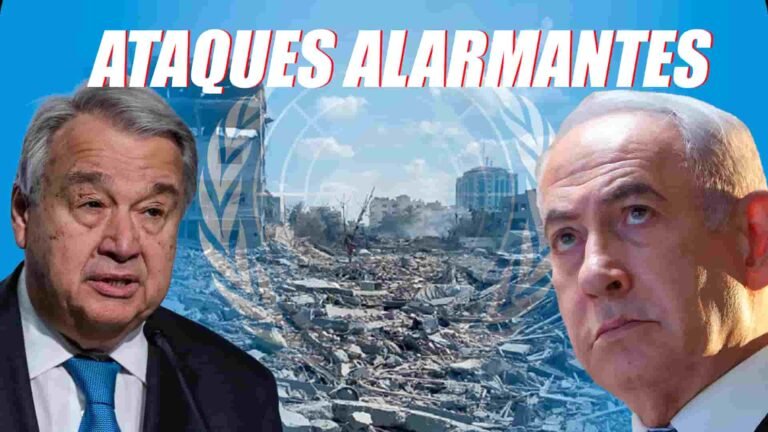 Guterres del lado Izquierdo, Netanyahu del lado derecho, al centro destruida ciudad destruida, de fondo la Bandera de la ONU