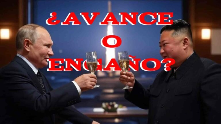 Putin y Kim brindando con un cohete despegando detrás