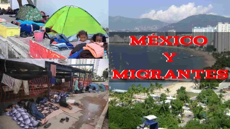 Del lado derecho Acapulco y del lado izquierdo migrantes, leyenda dice: Migrantes en Acapulco