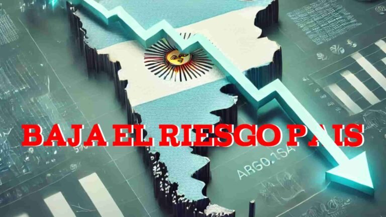 País de Argentina con una flecha hacia abajo y titulo dice: baja el riesgo país