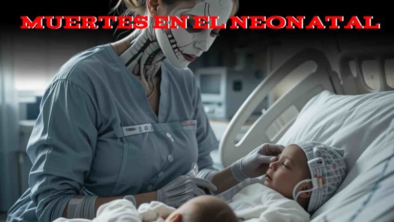 enfermera con la cara pintada en forma de calavera, mirando a recién nacidos, titulo pone: Muertes en el Neonatal