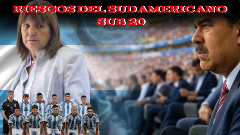 Bullrich con la selección sub 20 del lado izquierdo, Nicolás Maduro del lado derecho mirando un partido de futbol en una cancha, titulo dice: Riesgos del sudamericano sub 20