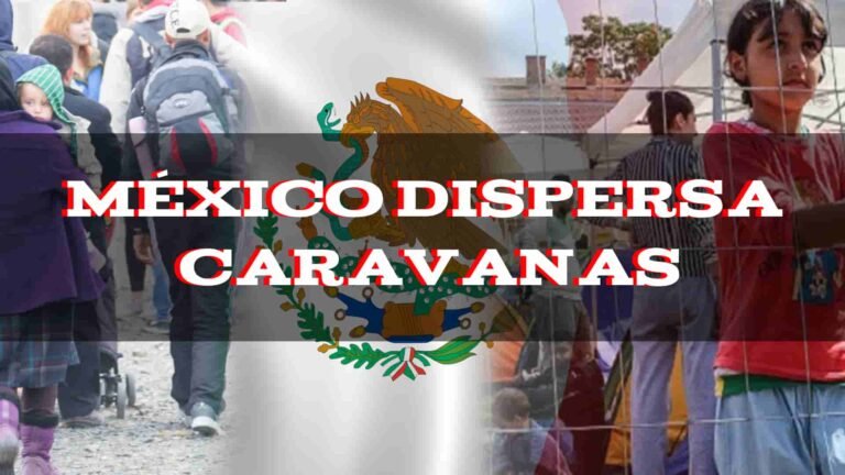 migrantes y una bandera mexicana detrás oculta entre las imagenes de migrantes, titulo dice: México dispersa caravanas