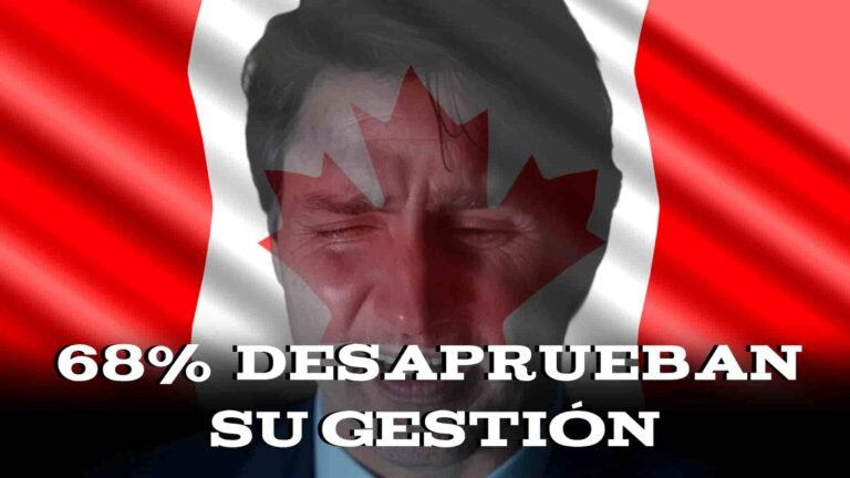 Justin Trudeau llorando con la bandera de Canadá detrás, titulo debajo dice: 68% desaprueba su gestión