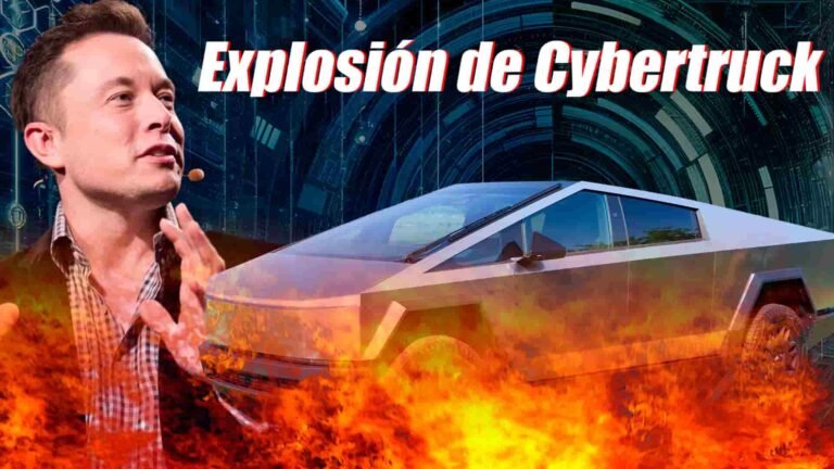 Elon Musk a la izquierda, al centro una cybertruck con llamas al rededor, titulo dice, Explosión de Cybertruck