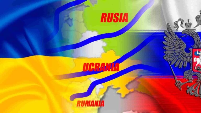 ruta del gas, con las banderas de Ucrania a la izquierda y la de Rusia a la derecha