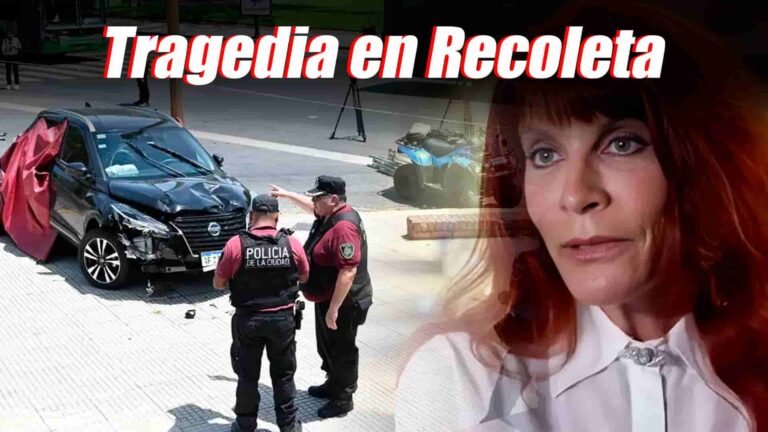 actriz del lado derecho, policías y auto chocado en el lado izquierdo, titulo dice, tragedia en recoleta